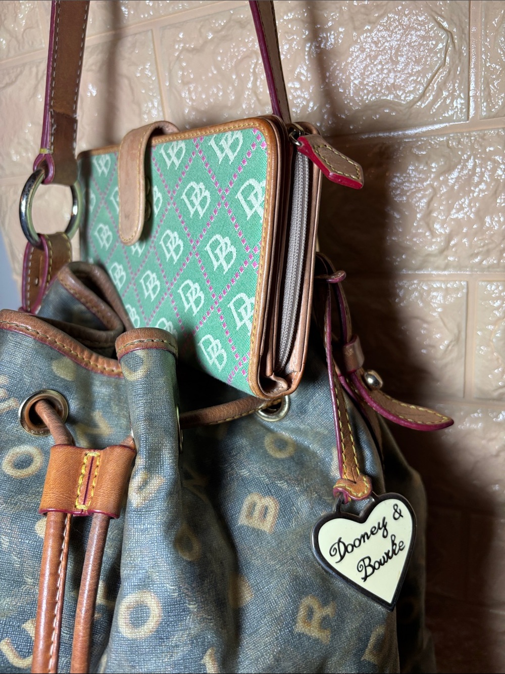 Dooney & Bourke Brown Leather Trim Green Monogram Bucket Bag w Mint Pink Wallet - Picture 3 of 17
